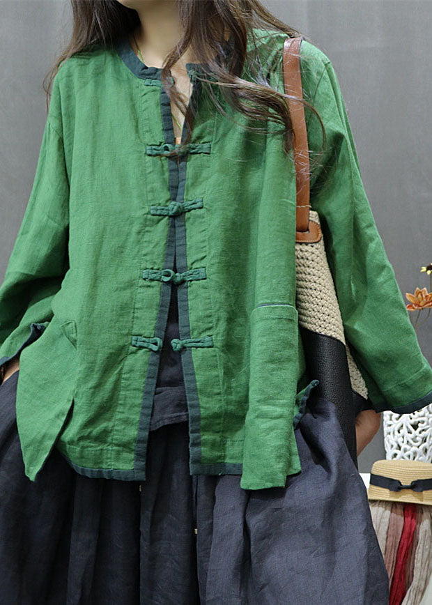 Retro Green O-neck Patchwork Button Side Open Shirts Long Sleeve