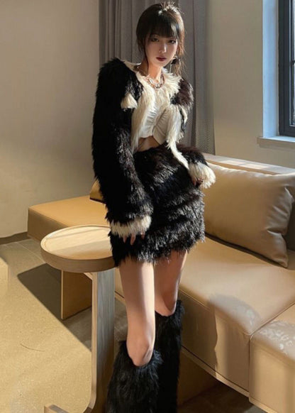 Stylish Black O-neck Coats and Skirts Mink Velvet Two Pieces Set Winter