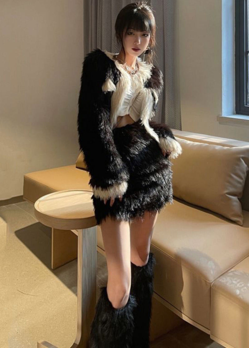 Stylish Black O-neck Coats and Skirts Mink Velvet Two Pieces Set Winter