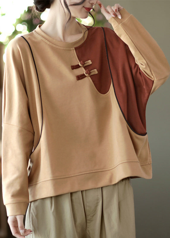 Diy Khaki O-neck Patchwork Cotton Sweatshirts Top Spring