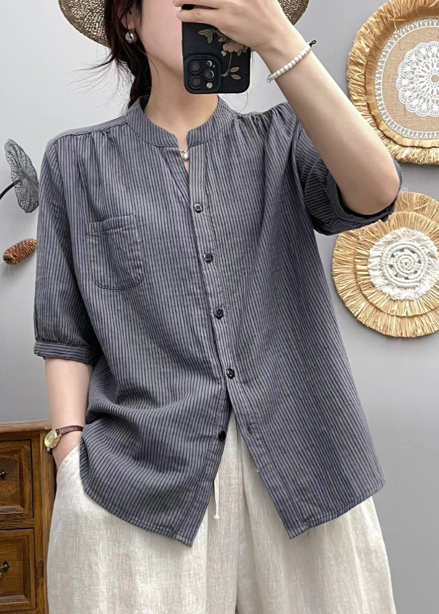 Red Stand Collar Striped Cotton Shirt Half Sleeve