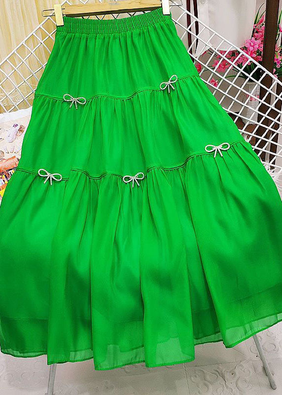 Green Wrinkled Patchwork Bow Zircon Tulle Skirt Summer