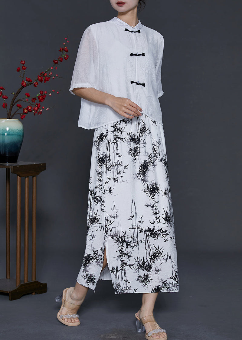 Chinese Style White Print Cotton Two Piece Set Clothing Summer