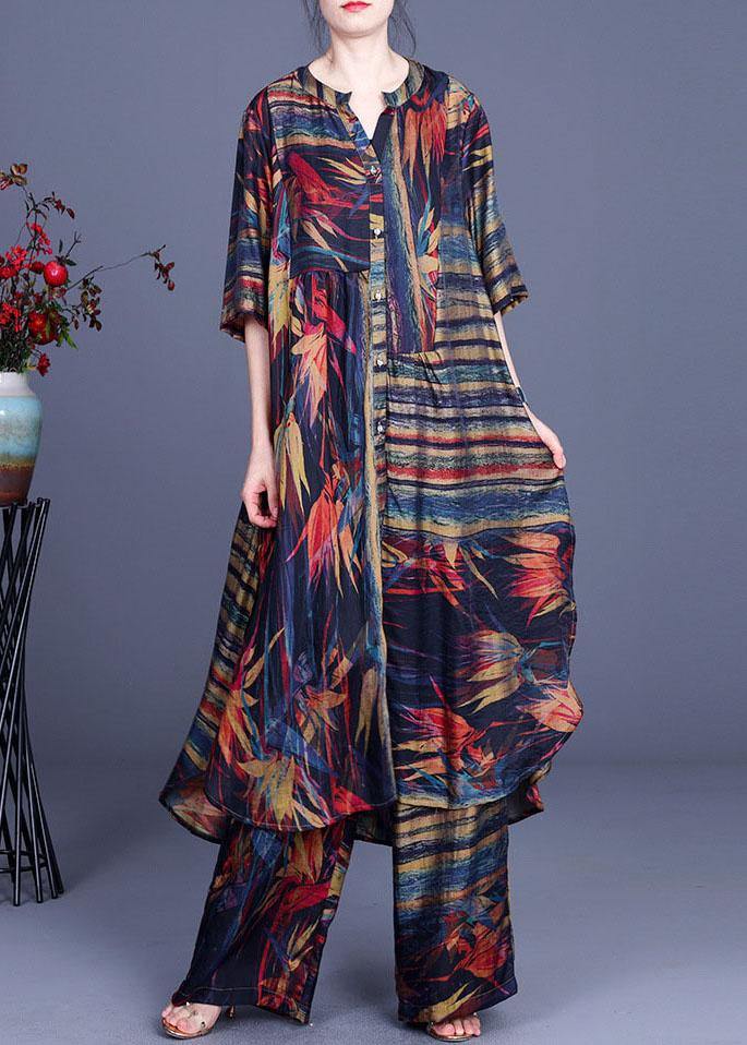 Stylish Geometric Printsilk Long Shirts Wide Leg Two Piece Suit Set