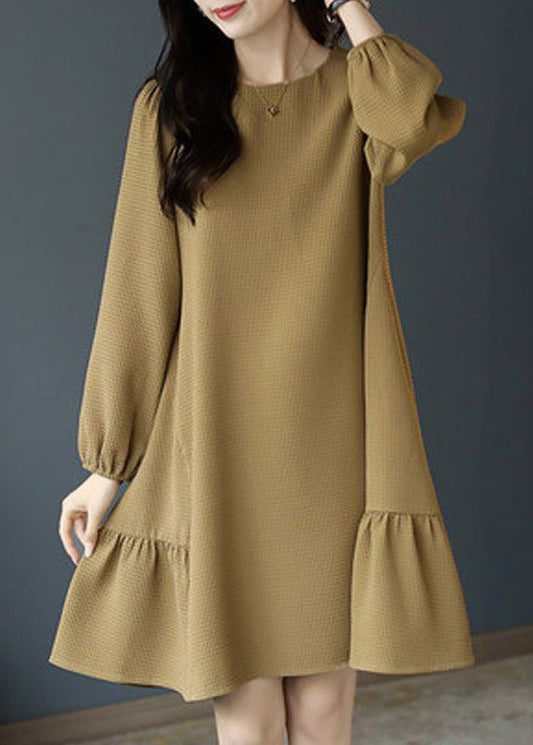Khaki O Neck Sashes Cotton Mid Dress Long Sleeve