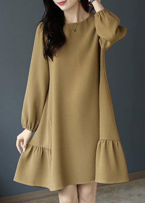 Khaki O Neck Sashes Cotton Mid Dress Long Sleeve