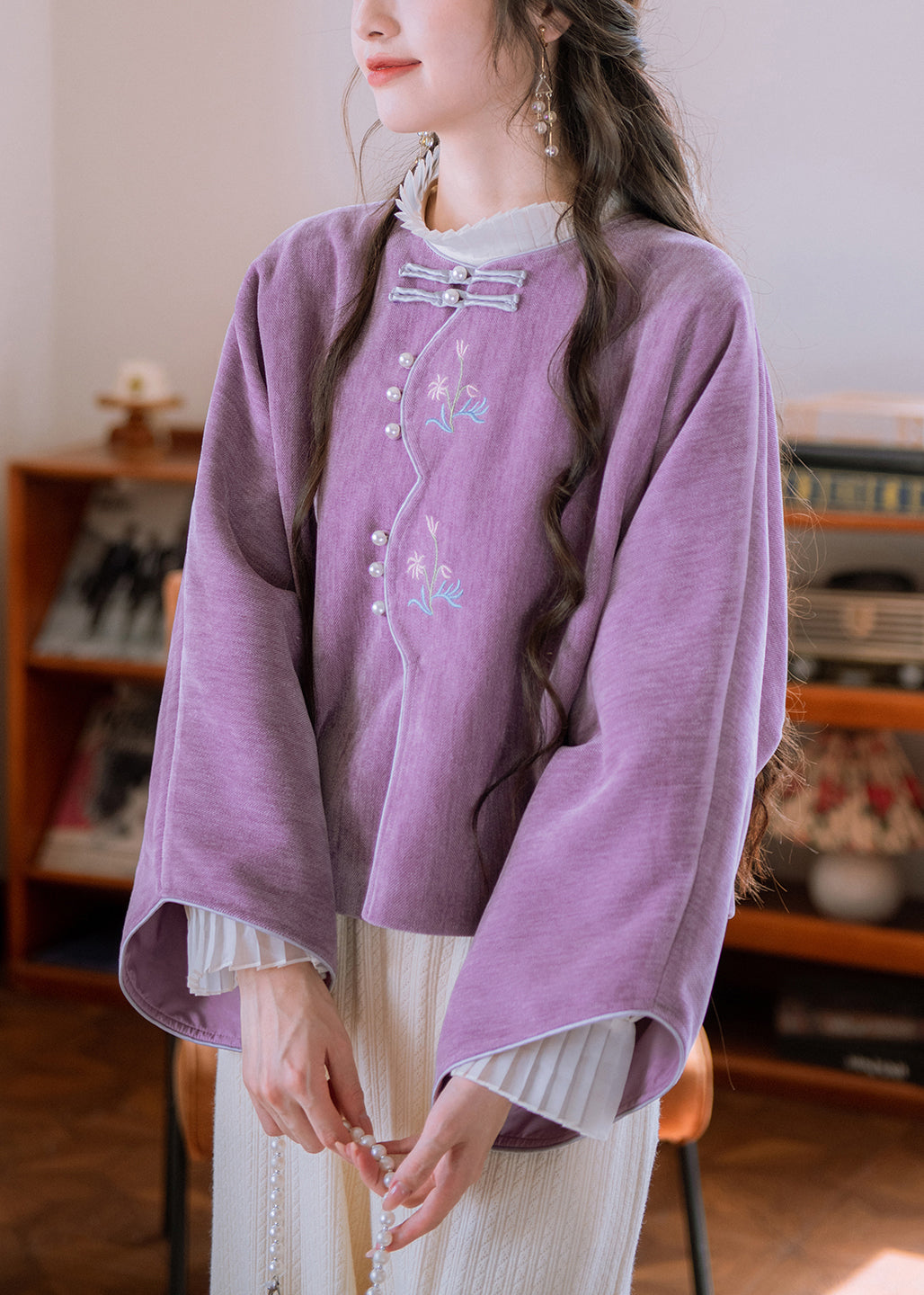 Purple Embroidered Button Cotton Coat Flare Sleeve
