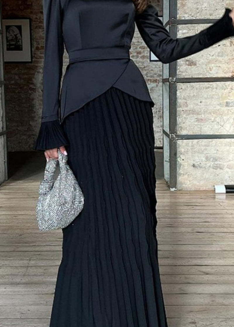 Black Wrinkled Patchwork Silk Long Dress Fall