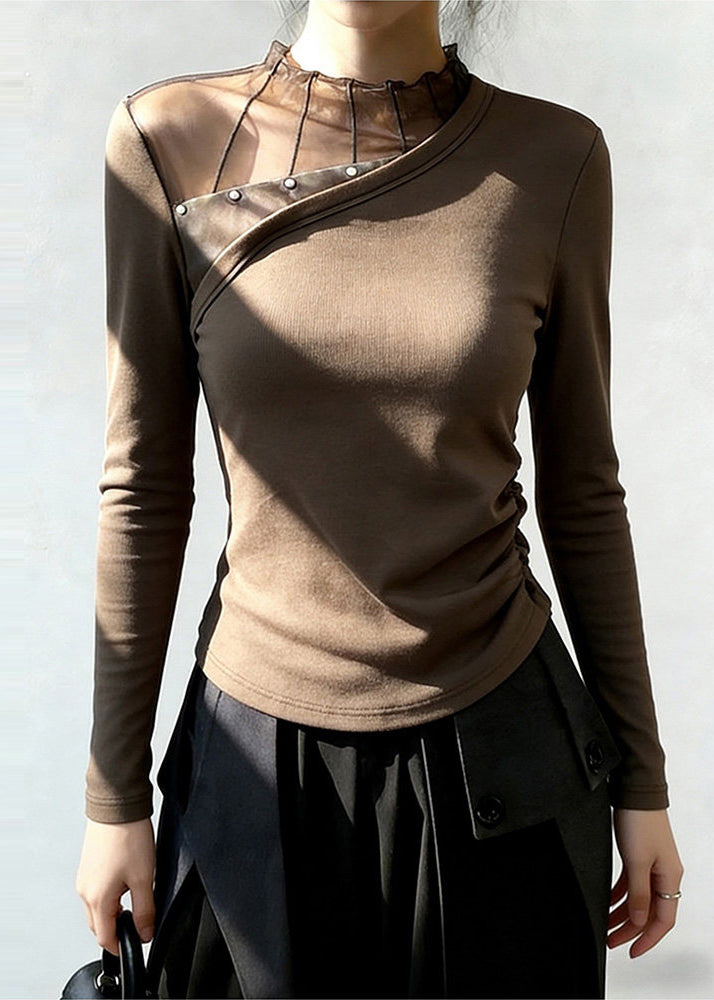 Brown Stand Collar Patchwork Wrinkled Cotton Blouse Top Spring