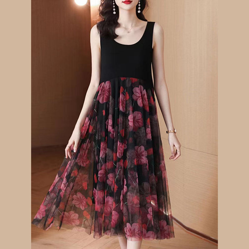 Black Print Patchwork Lace Summer Party Dress