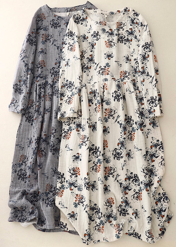 White Oversized Print Linen Maxi Dresses Spring