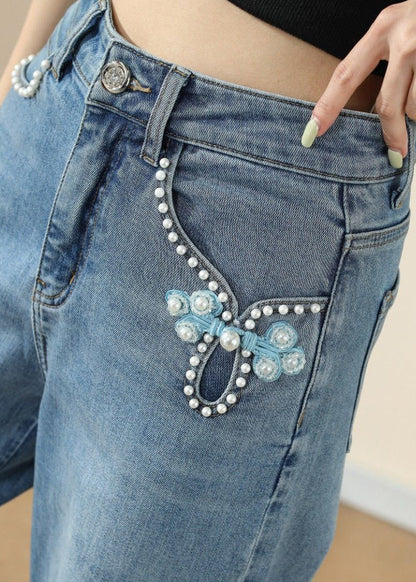 Blue Pockets Embroideried Nail Bead Denim Pants Spring