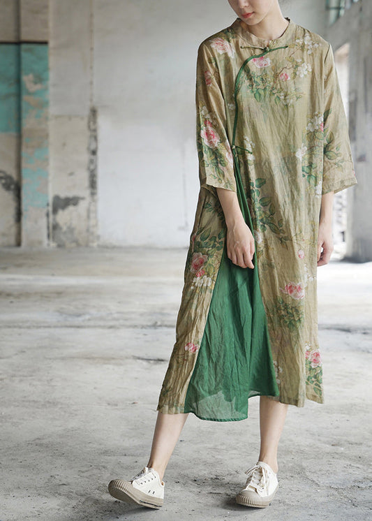 Light Green Mandarin Collar Print Patchwork Linen Dress Three Quarter Sleeve