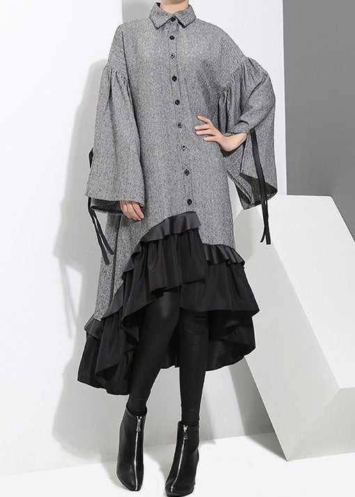 Art Grey Low High Design Ruffled Patchwork Shirt Dress Spring