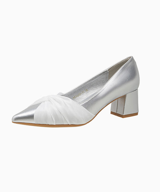New Tulle Splicing Chunky High Heels Silver Faux Leather