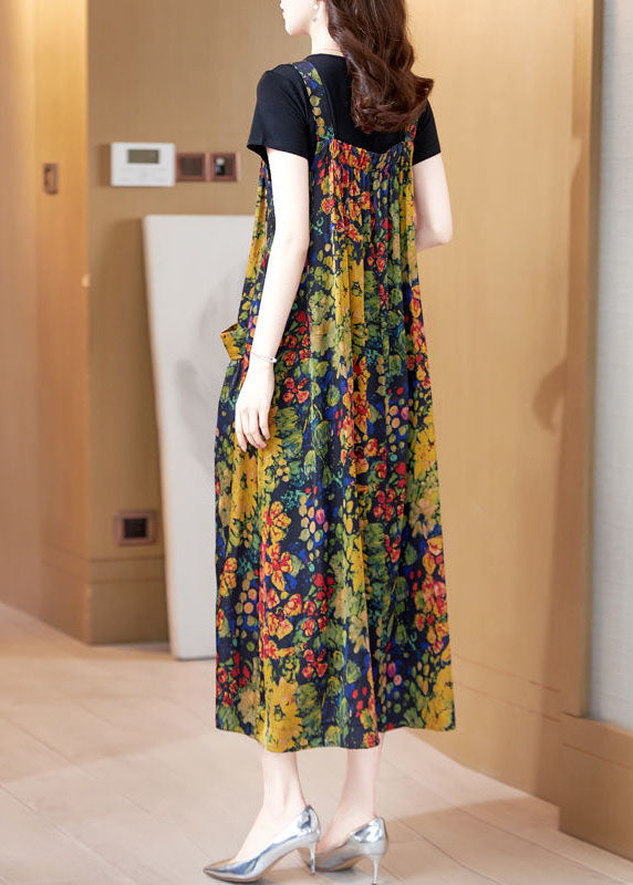 Yellow Print Exra Large Hem Silk Holiday Dresses Summer
