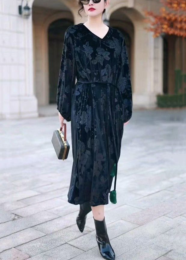 Black Side Open Silk Velour Long Dress V Neck Winter