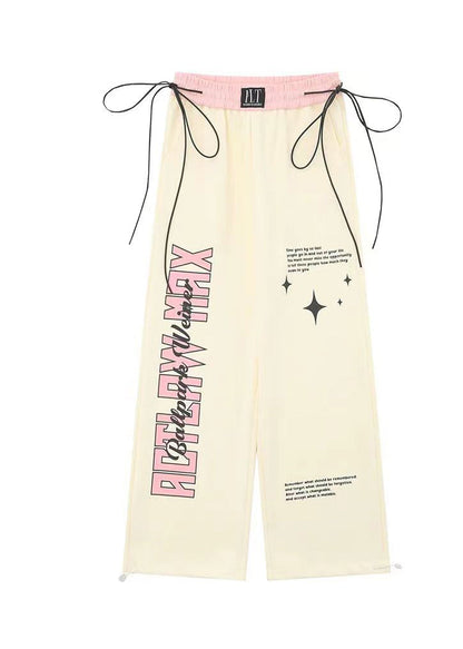 American Style Apricot Graphic Drawstring Cotton Straight Pants Spring