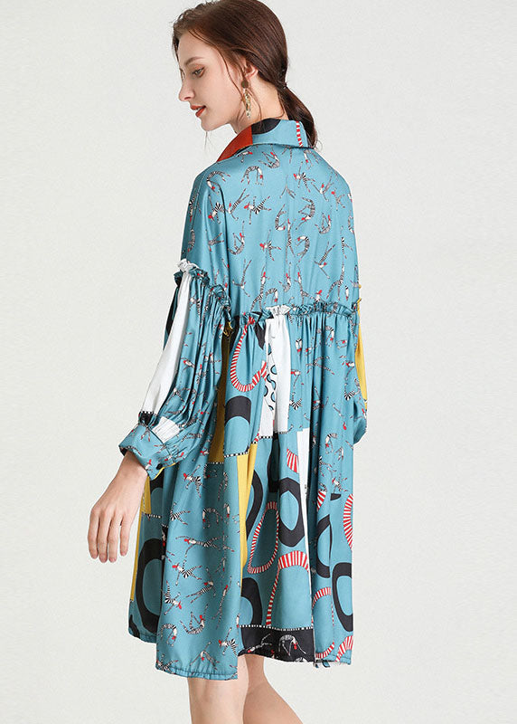 Organic Blue Peterpan Collar Patchwork Fall Holiday Dress Long Sleeve