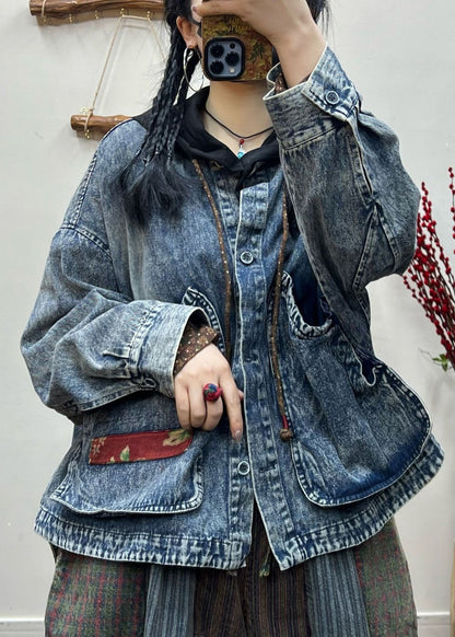 Blue Button Pockets Patchwork Denim Coat Fall