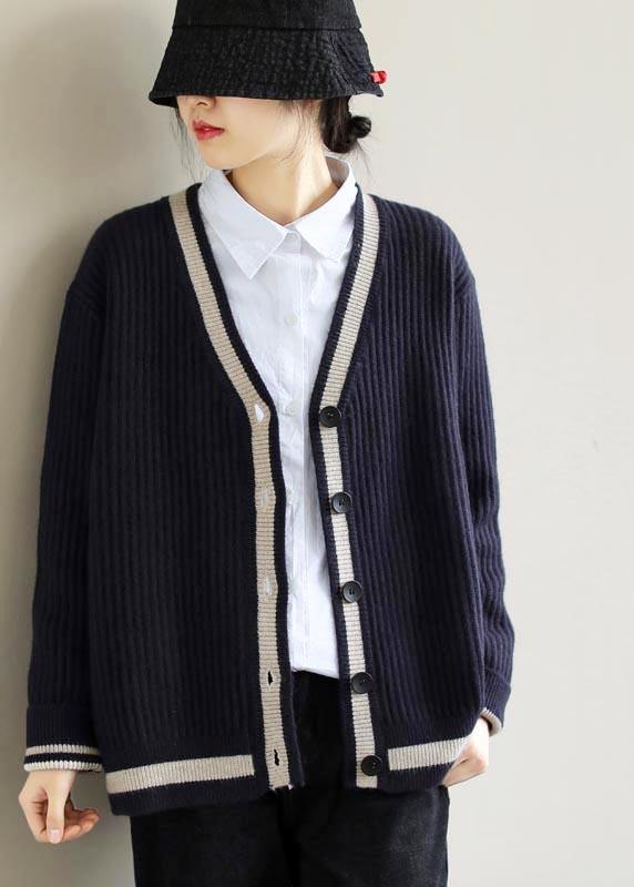 For Work Spring Navy Knit Tops V Neck Button Down Top