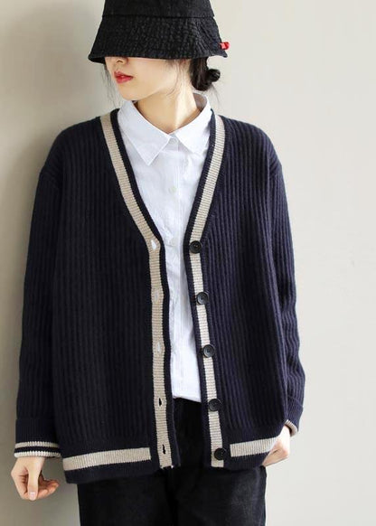 For Work Spring Navy Knit Tops V Neck Button Down Top