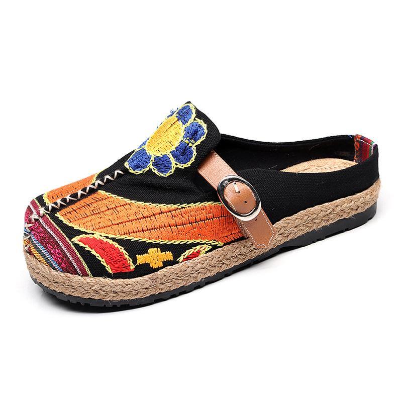 Red Cotton Linen Embroideried Fabric Buckle Strap Thong Sandals