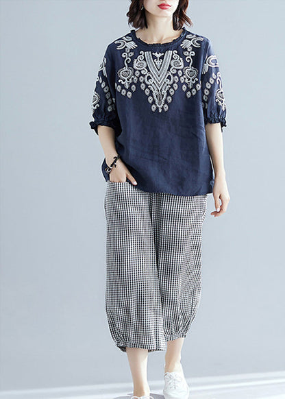 Navy Blue Embroideried Top and Harem Pants Two Pieces Set Short Sleeve