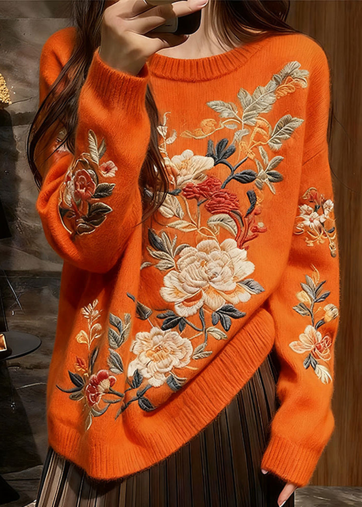 Boutique Orange O Neck Thick Knit Sweaters Winter