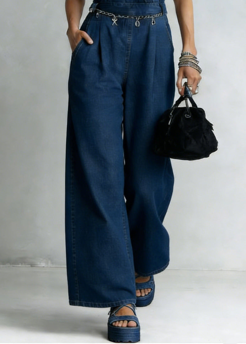 Unique Blue V Neck High Waist Denim Jumpsuit Sleeveless
