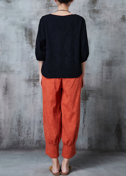 Black Embroidered Patchwork Linen Two Pieces Set Summer