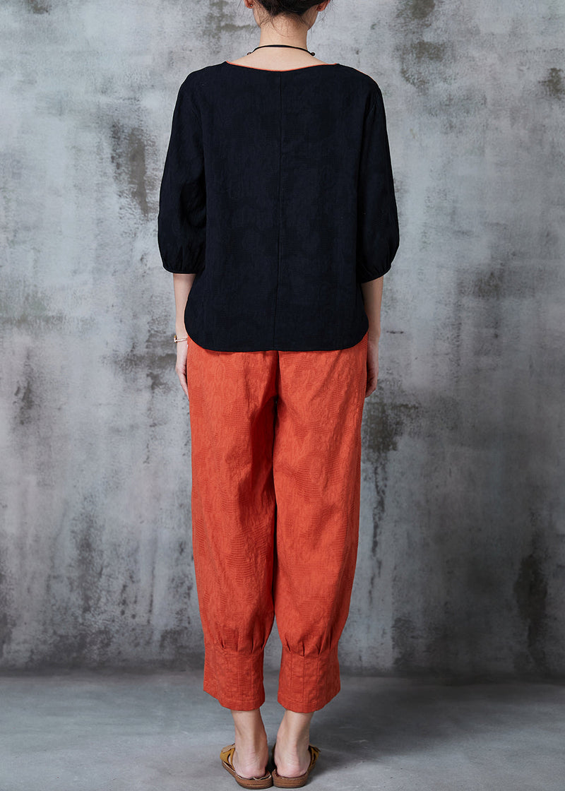 Black Embroidered Patchwork Linen Two Pieces Set Summer