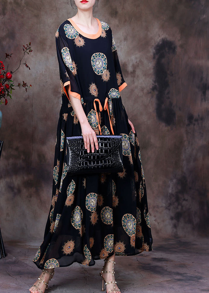 Black O-neck Drawstring Patchwork Print Chiffon Long Dress Half Sleeve