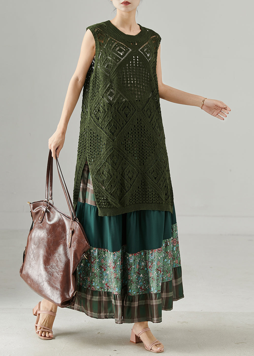 Army Green Hollow Out Side Open Knit Dress Two Piece Set Summer