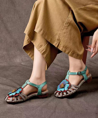 Comfy Splicing Wedge Sandals Grey Cowhide Leather Hollow Out