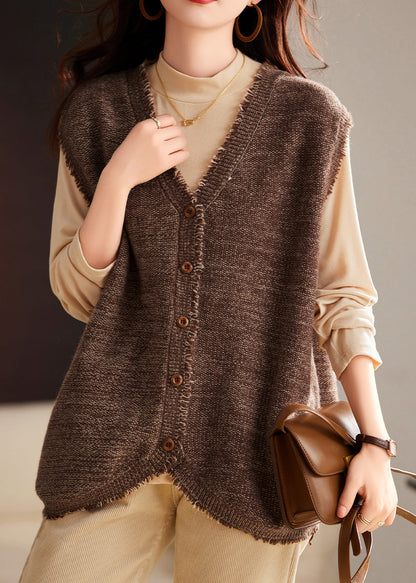 Coffee Tasseled Knit Vest and Cotton Top Two Pieces Set Winter