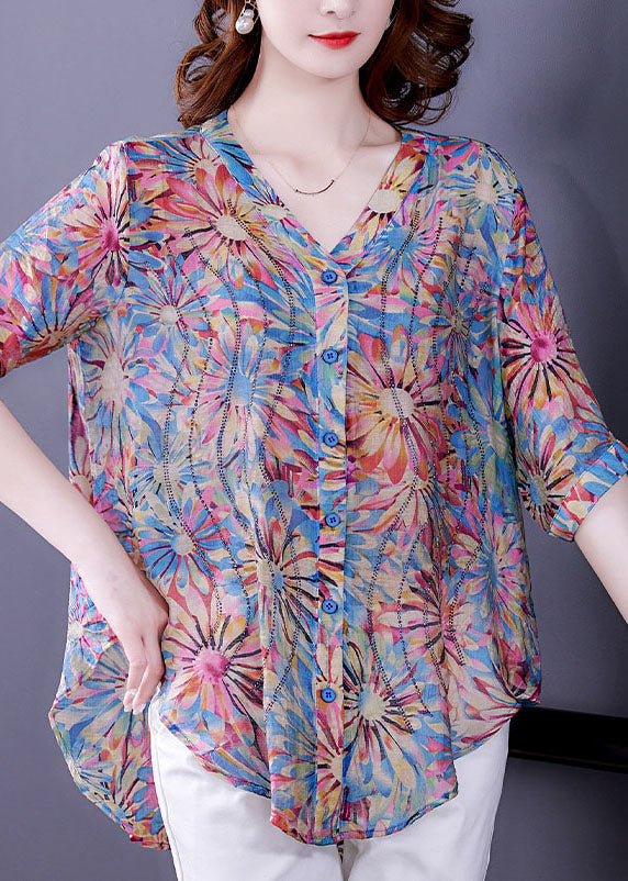Blue V Neck Button Print Chiffon Shirt Top Half Sleeve