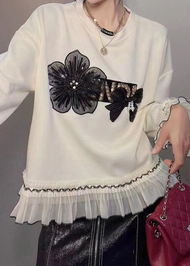 New White Nail Bead Patchwork Cotton Sweatshirts Flare Sleeve Spring