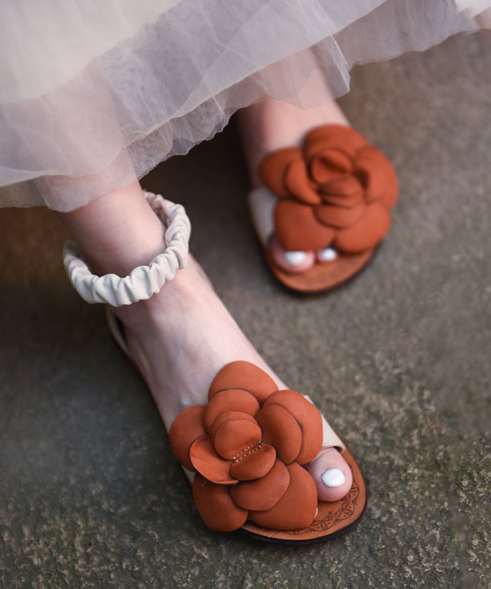 Orange Cowhide Leather Flat Sandals Splicing