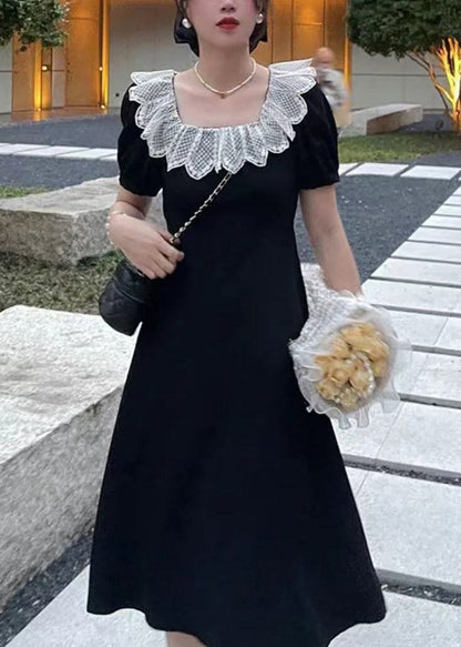 New Black Square Collar Cotton Dress Summer