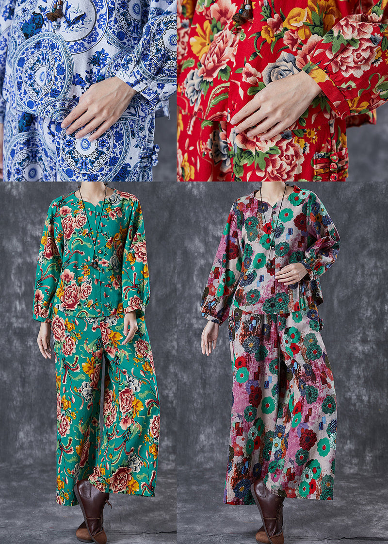 Green Print Chinese Button Linen Two Piece Set Fall