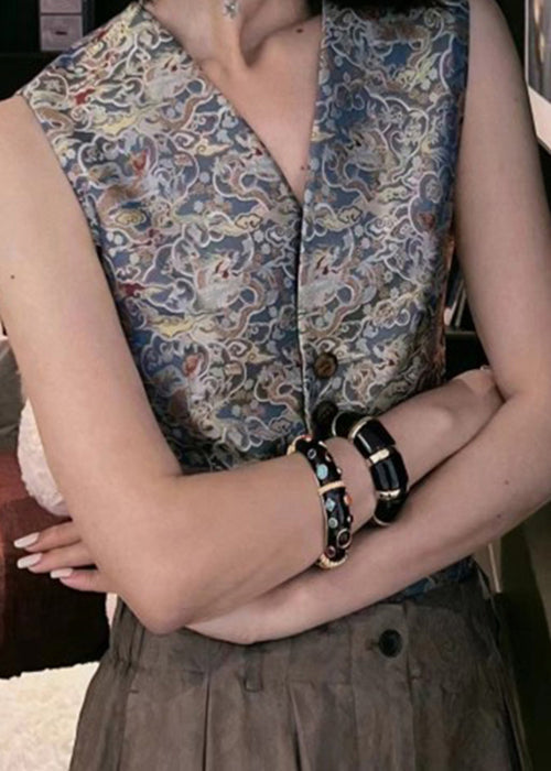 Print Button Pockets Silk Two-piece Set Sleeveless Summer