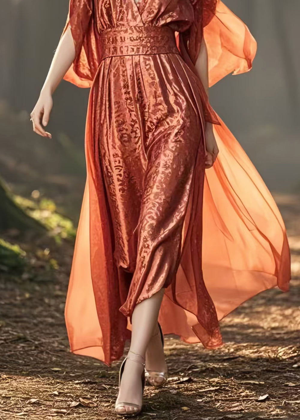 Brick Red Cinched Jacquard Silk Long Dresses Summer