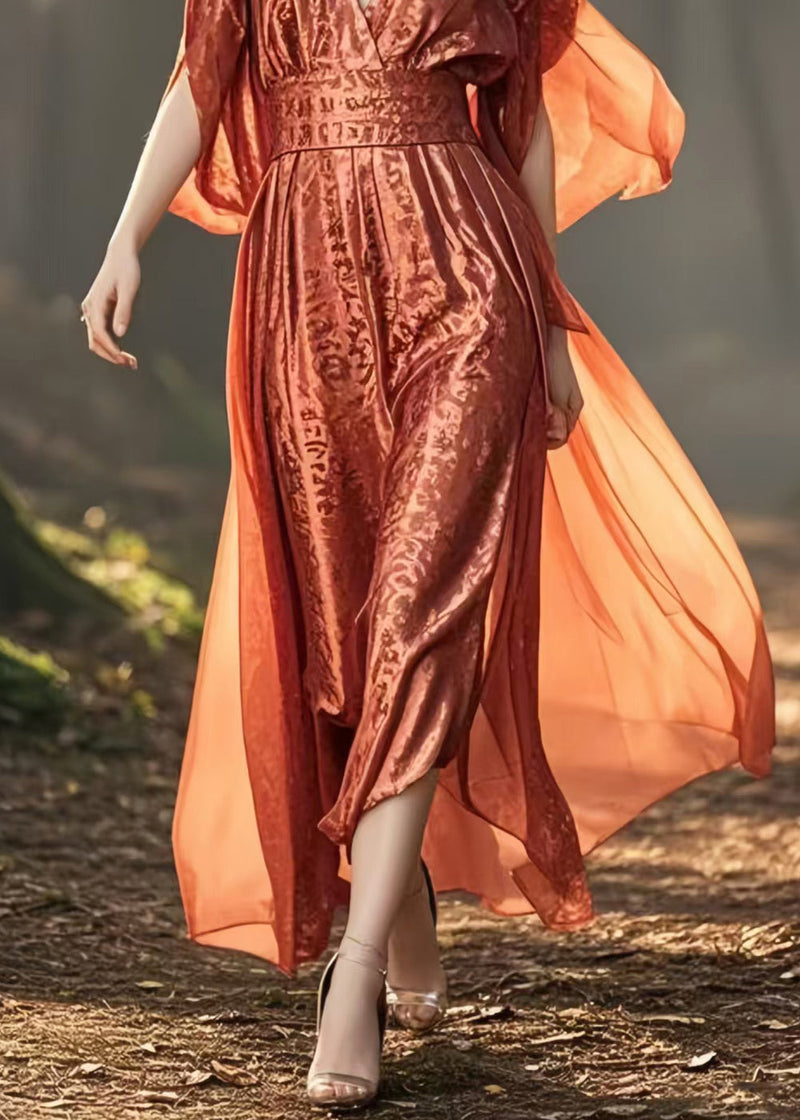 Brick Red Cinched Jacquard Silk Long Dresses Summer