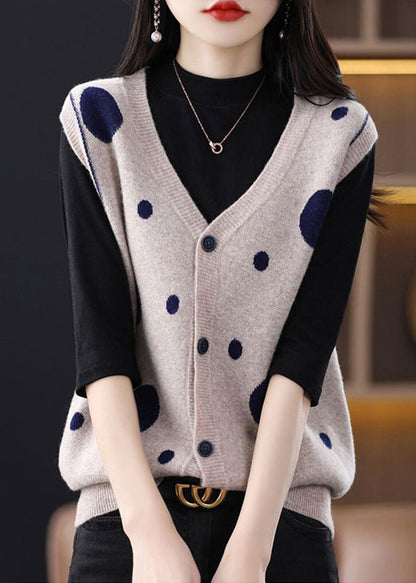 Camel V Neck Dot Patchwork Woolen Vest Tops Sleeveless