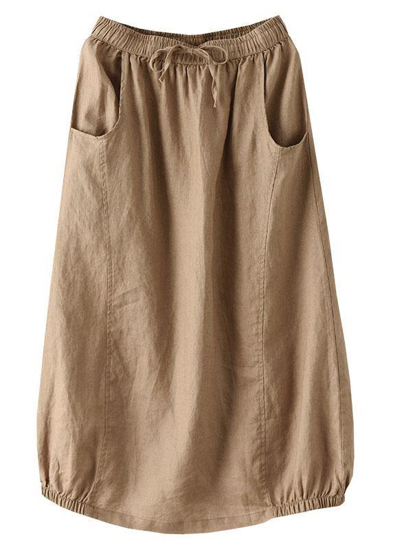 Handmade Khaki Tie Waist Patchwork Summer a Line Skirt Linen