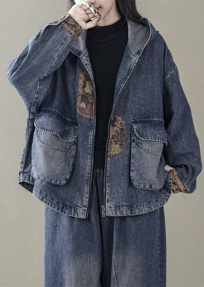 Blue Hooded Patchwork Denim Coats Spring