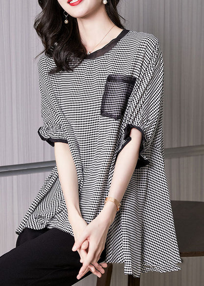 Black O-neck Plaid Patchwork Chiffon Tank Tops Short Sleeve