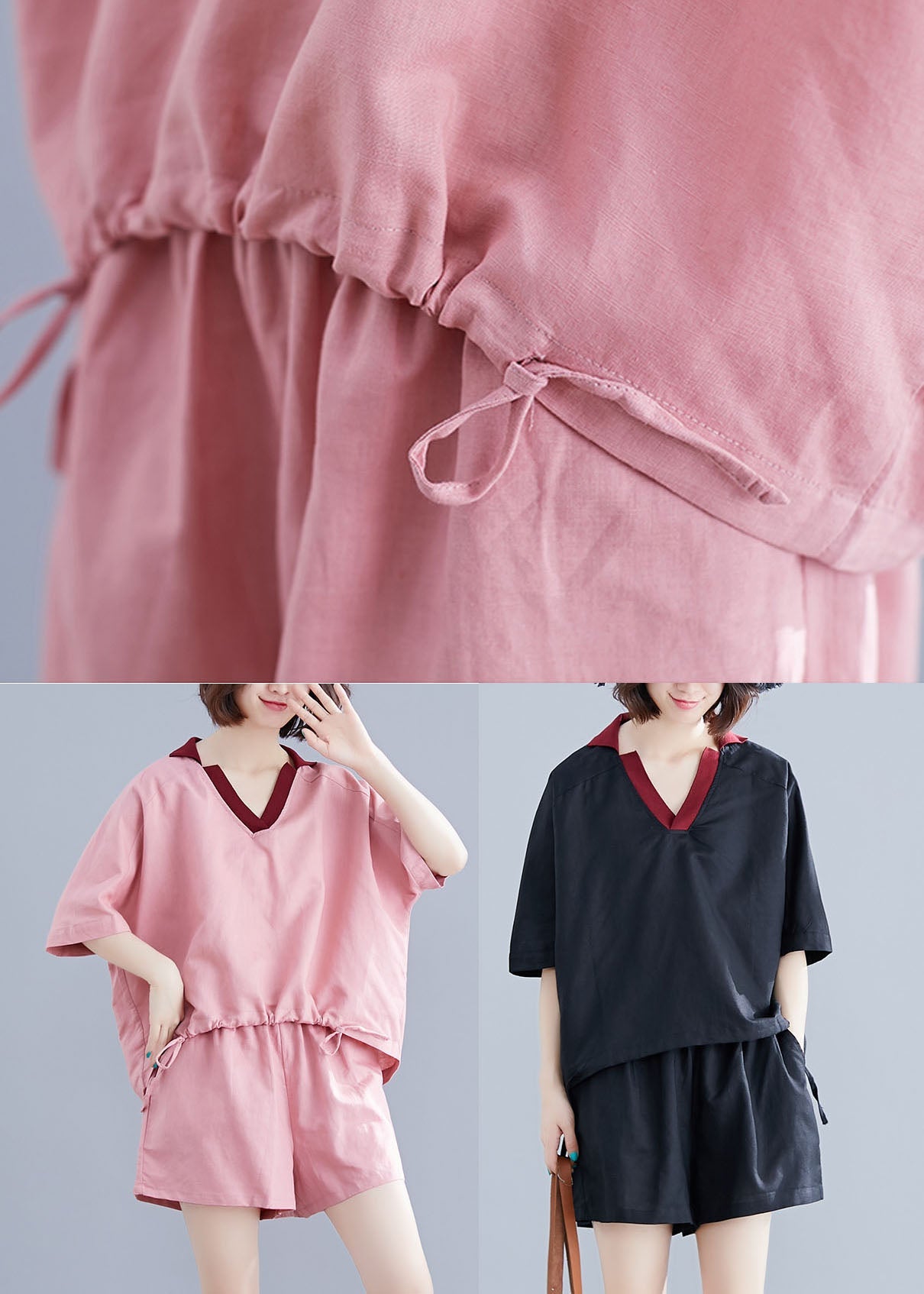 Black Cotton Two Piece Set Clothing V Neck Drawstring Summer