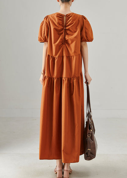 Caramel Oversized Patchwork Cotton Long Dresses Puff Sleeve